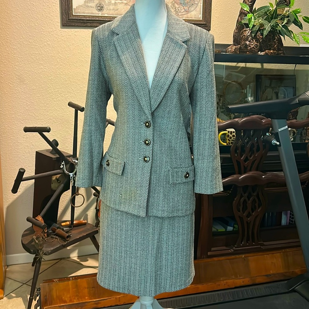 St. John Collection Gray Herringbone Blazer and Skirt